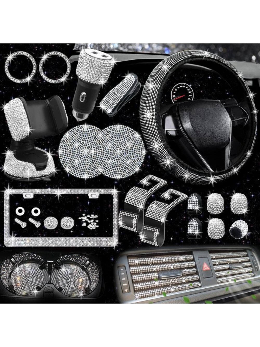 Bling Car Accessories Set for Women - 27 PCs, Universal Steering Wheel Cover